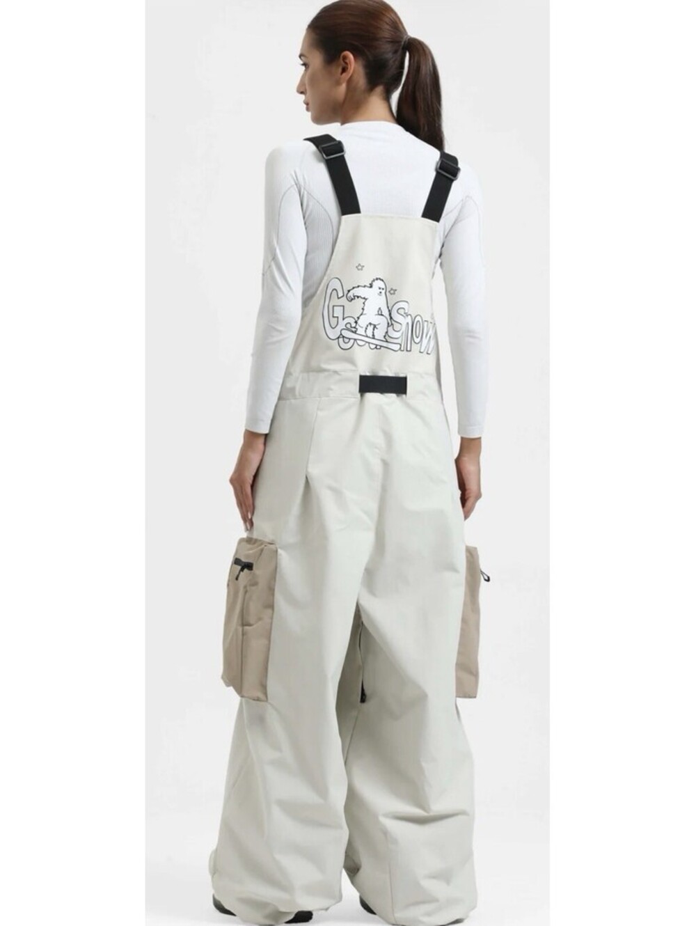 GSOU Workwear Style Built-in Belt Super Baggy Snow Bibs Size L Off White
